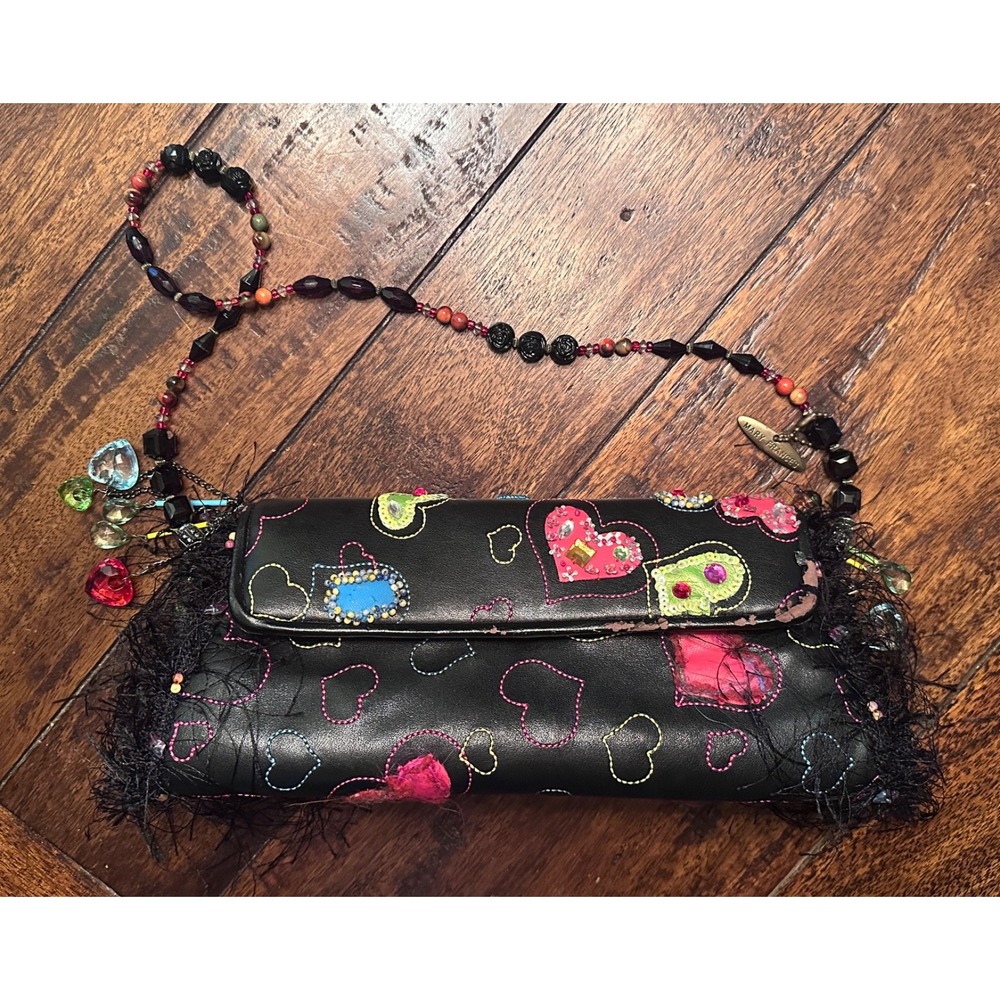 Mary Frances Black Multi Beaded Jeweled Hearts Handbag Fringe Shoulder Bag Y2K